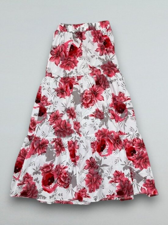 SHEIN Dresses & Skirts - Floral Tiered Maxi Skirt White Red Pink Elastic Waist Boho Cottagecore Small